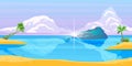 Vector horizontal lagoon view with ocean, sand, palms, clouds, sun flare. Royalty Free Stock Photo